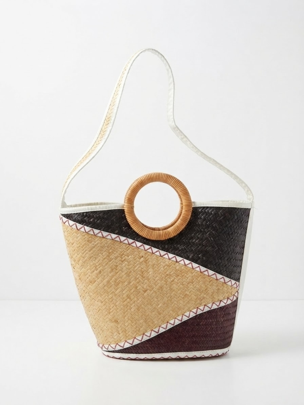 Earth Tri-Color Woven Tote in Black, Natural, and Brown with Round Handle